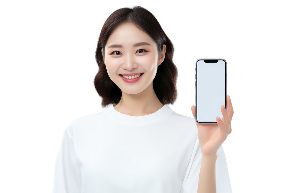 Asian woman holding smartphone smiling screen smile.