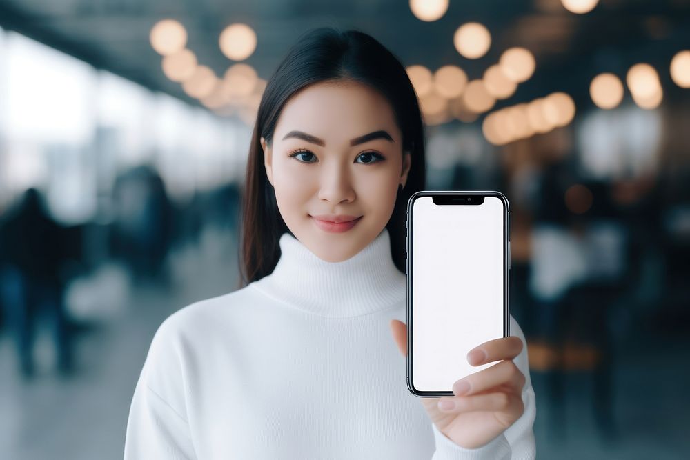 Asian woman holding smartphone smiling screen selfie.