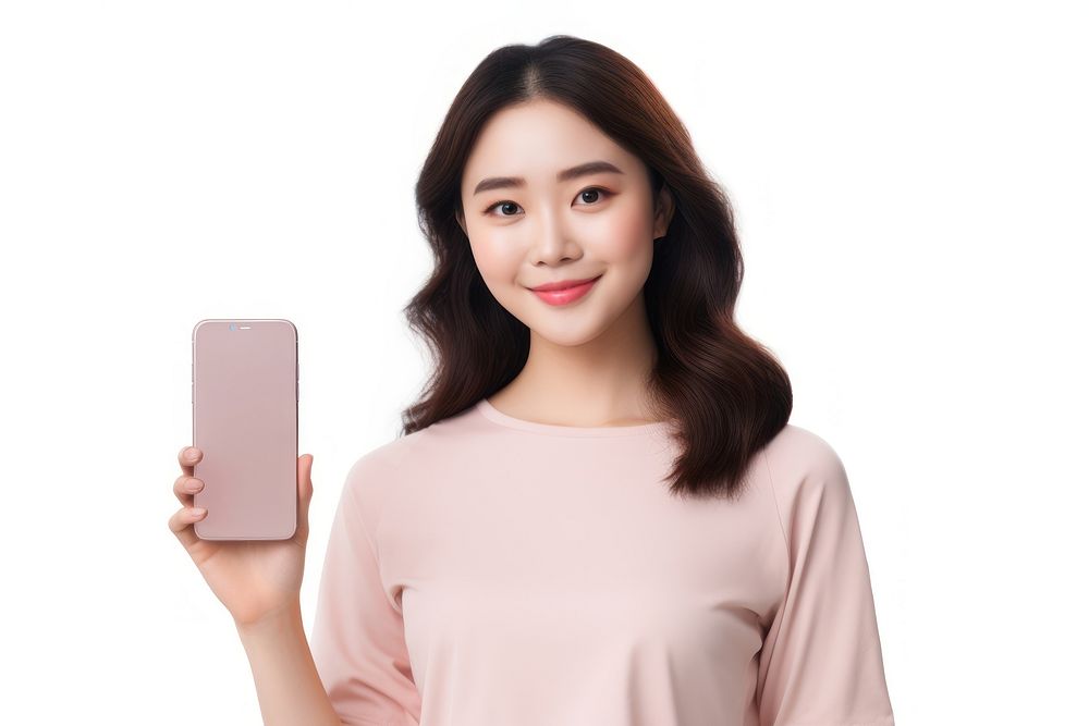 Asian woman holding smartphone smiling screen selfie.