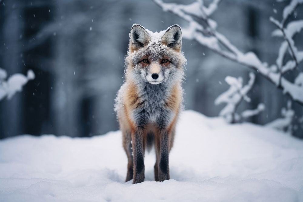 A little fox standing in the snow winter deep forest wildlife animal mammal.