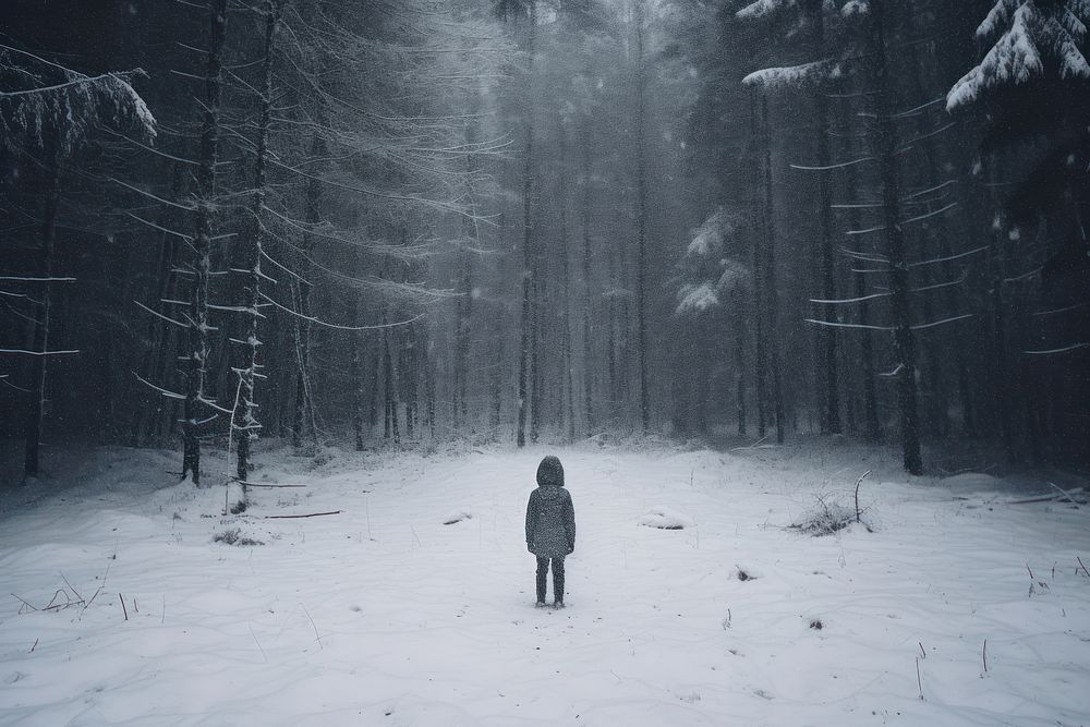 A little girl standing in the snow winter deep forest outdoors woodland walking.