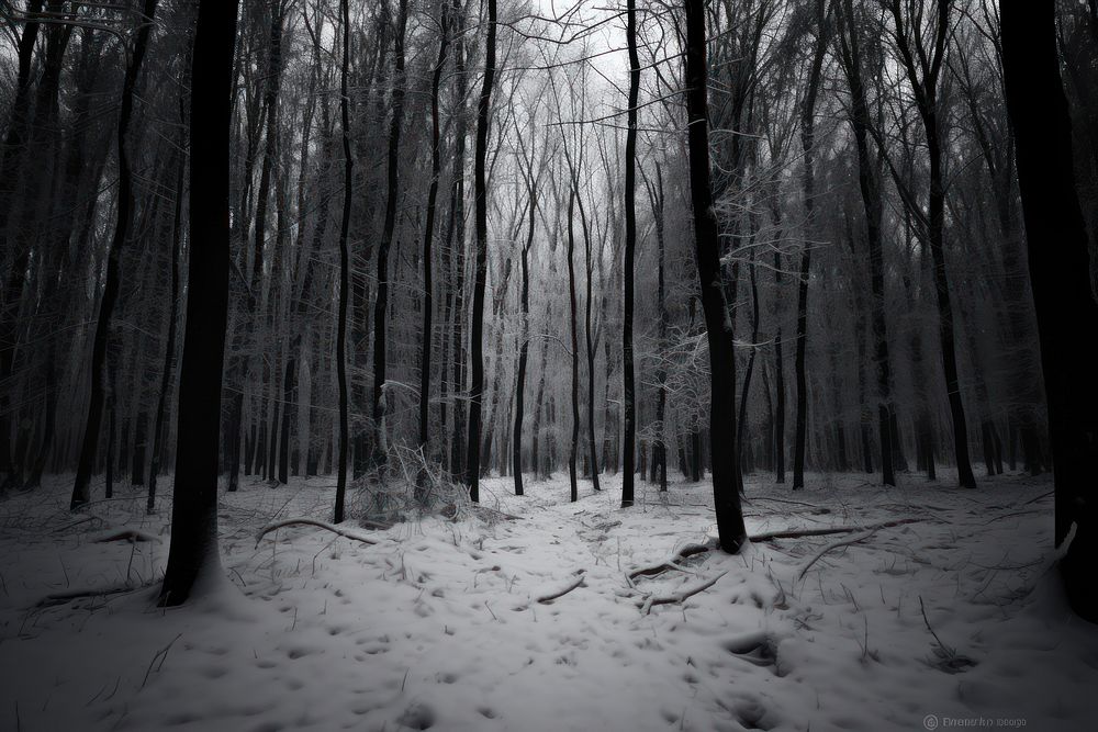 Deep dark snow forest woodland outdoors nature.