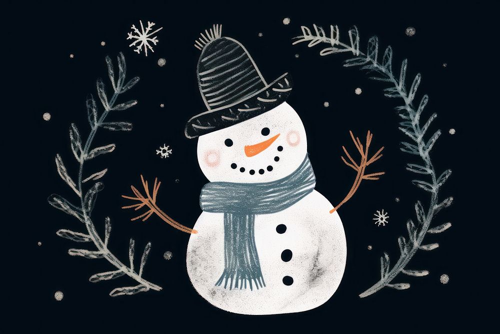 Chalk style snowman winter black background representation.