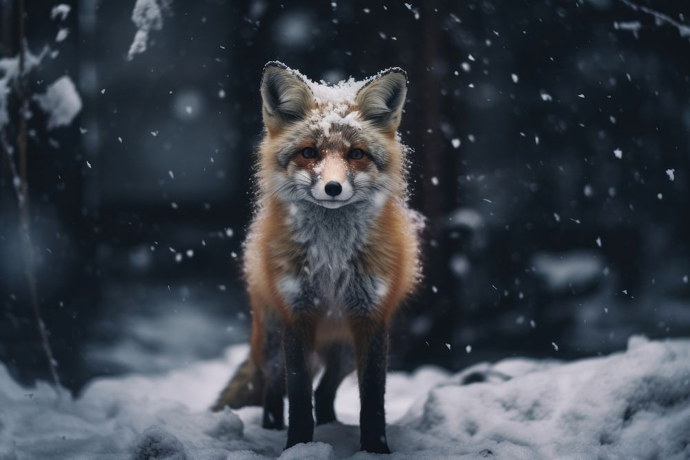 A little fox standing in the snow winter deep forest wildlife animal mammal.