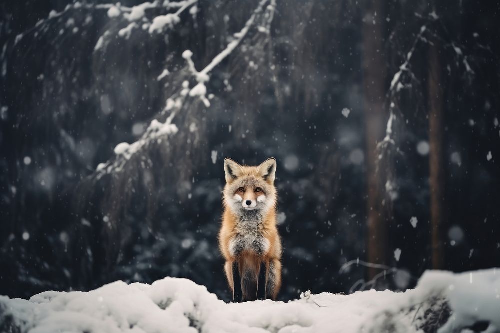 A little fox standing in the snow winter deep forest wildlife mammal animal.