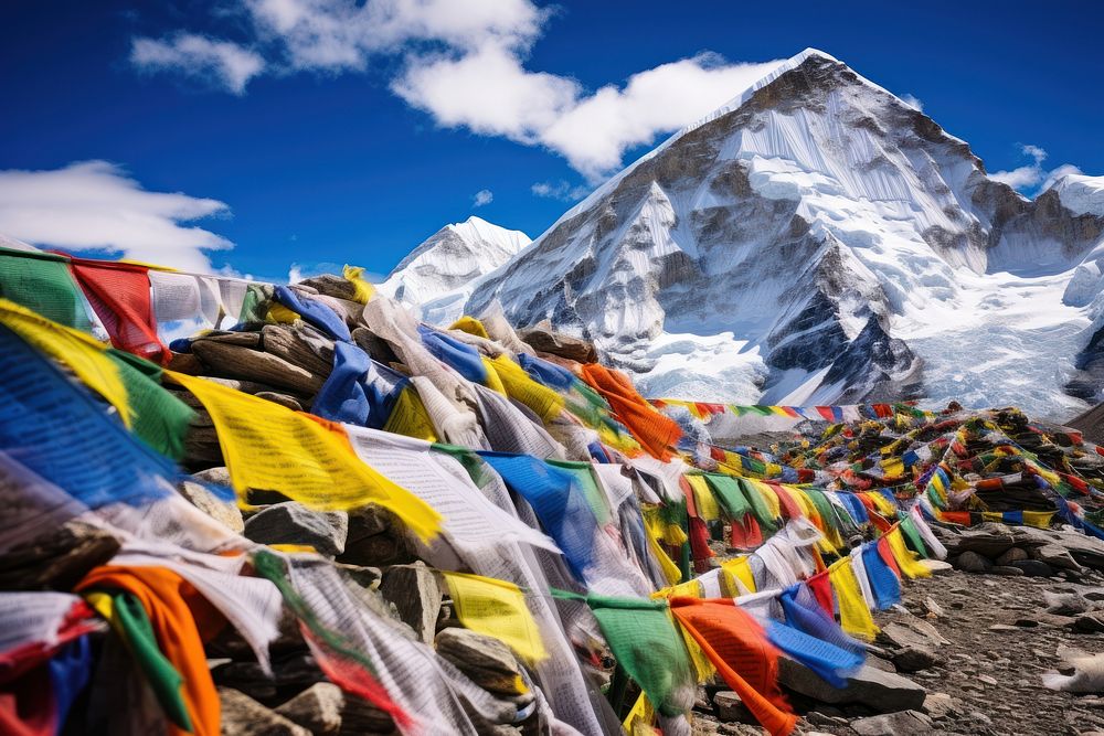 Tibetan prayer flags mountain outdoors nature.