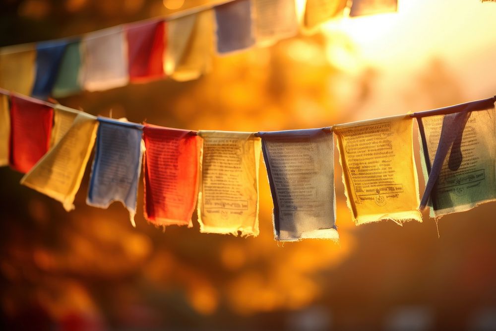 Tibetan prayer flags text clothesline celebration.