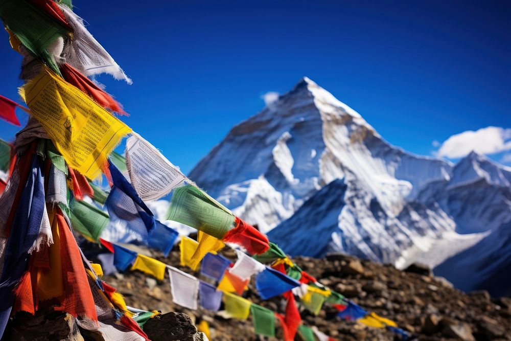 Tibetan prayer flags mountain outdoors nature.