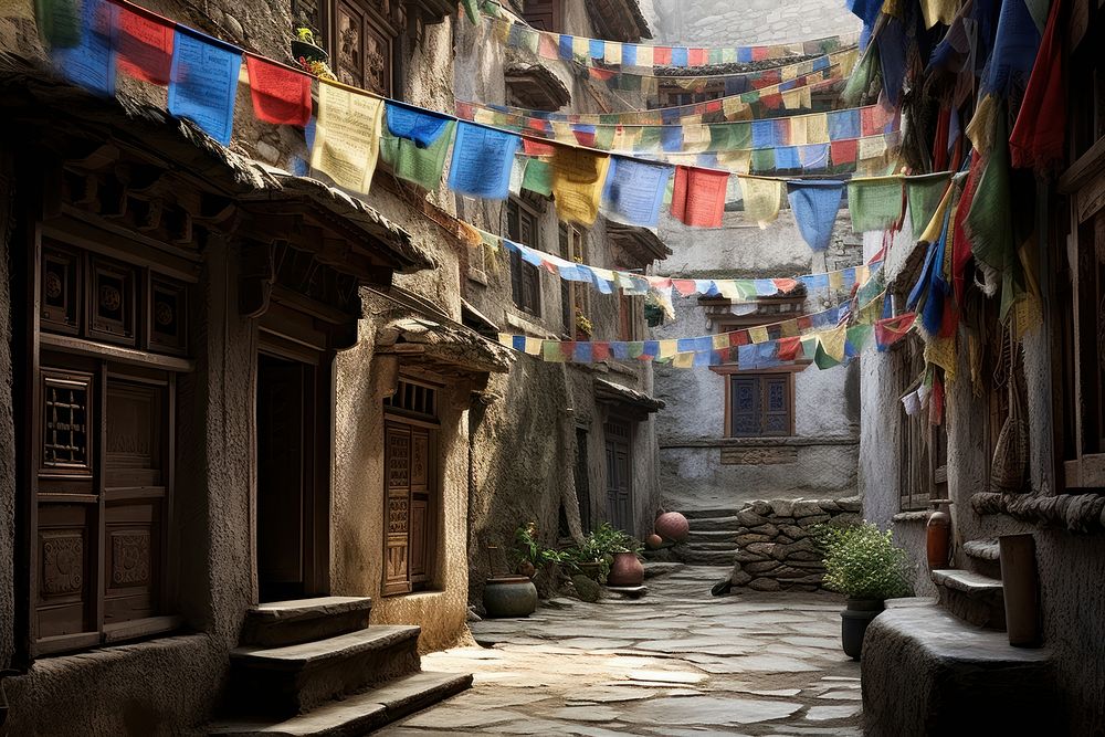 Tibetan prayer flags architecture building outdoors.