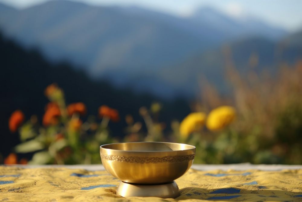 Singing bowl outdoors nature tranquility.