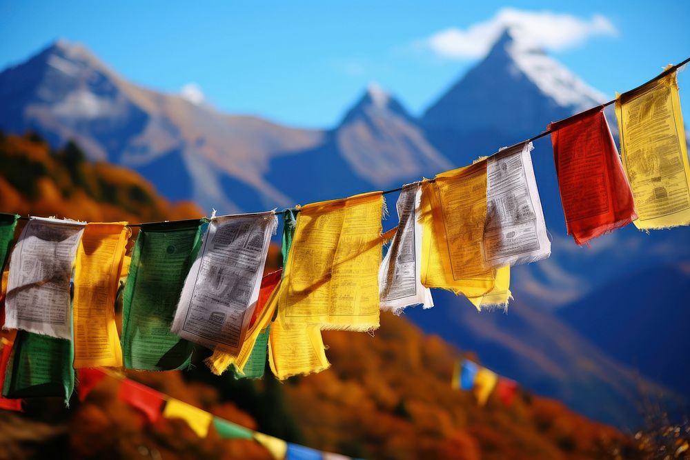 Tibetan prayer flags tranquility clothesline clothespin.