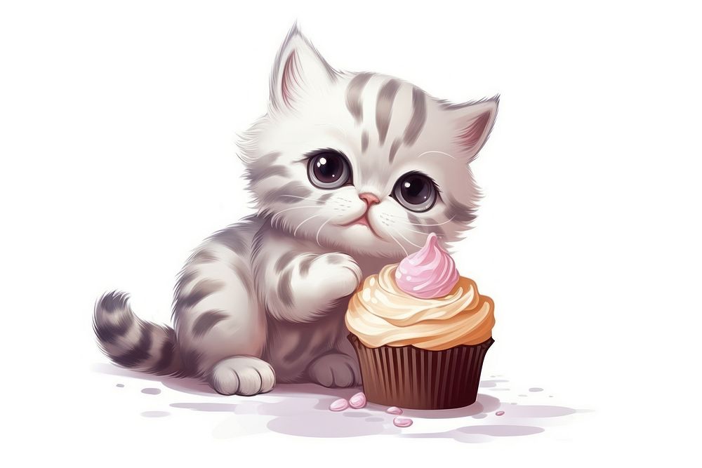 Cat character eat cup cake dessert cartoon mammal.