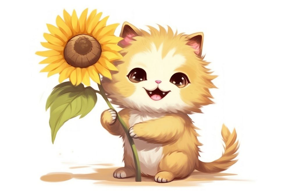 Cat character hold sunflower animal cartoon mammal.