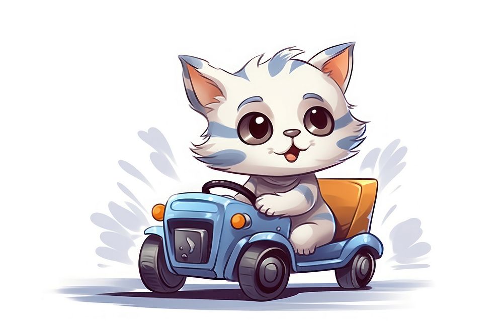 Cat character riding car cartoon vehicle cute.