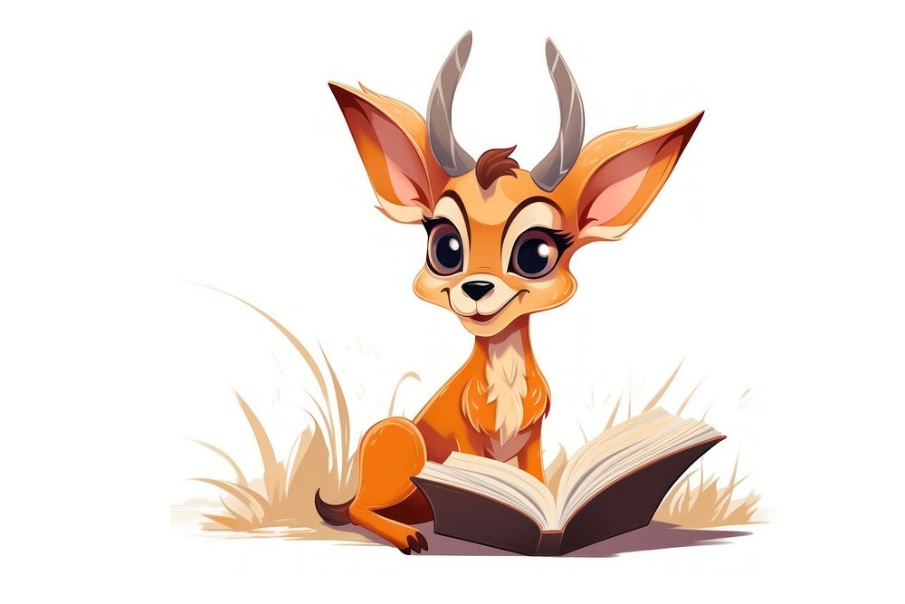 Antelope character reading a book animal cartoon mammal.
