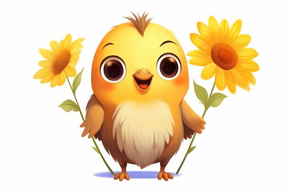 Bird character hold sunflower animal cartoon plant.