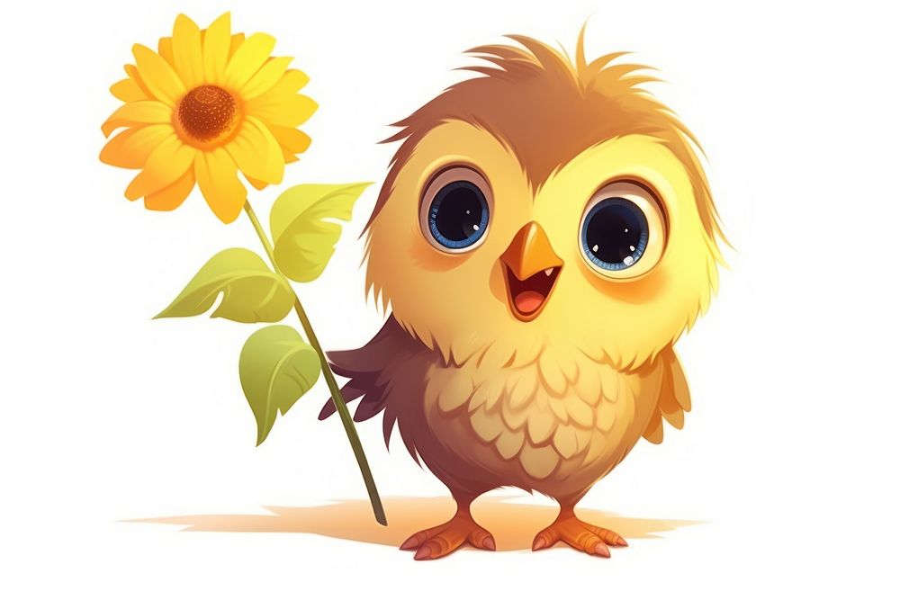 Bird character hold sunflowe sunflower animal cartoon.