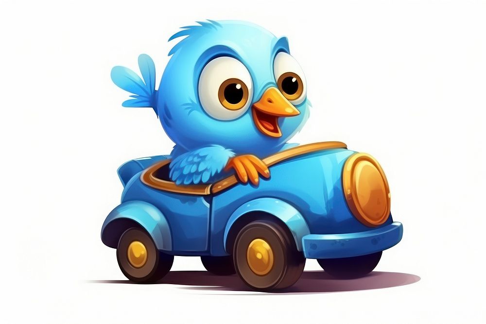 Bird character riding car cartoon wheel toy.