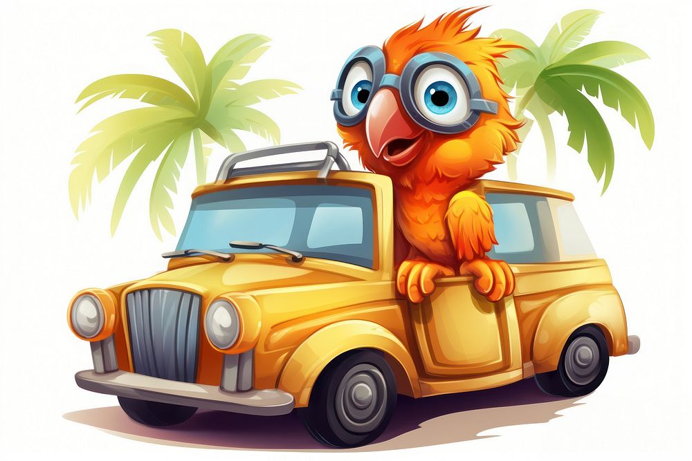 Bird character riding car vehicle cartoon fun.