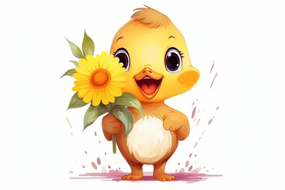 Duck character hold sunflower cartoon animal nature.