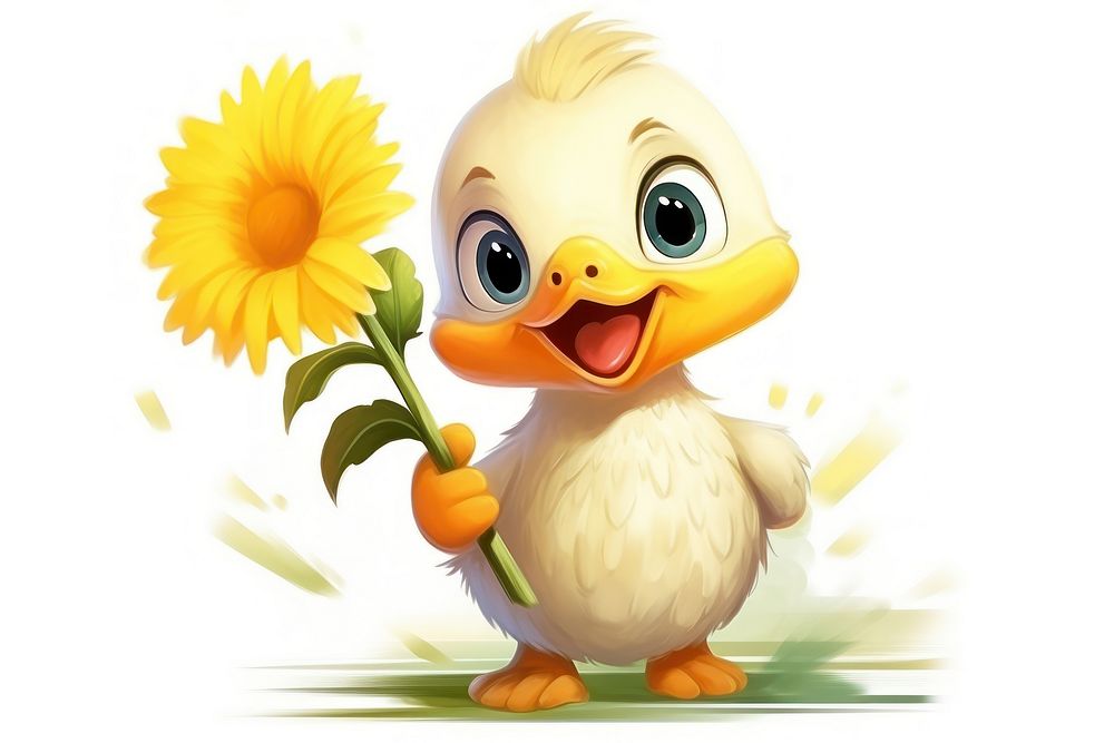 Duck character hold sunflower animal cartoon plant.
