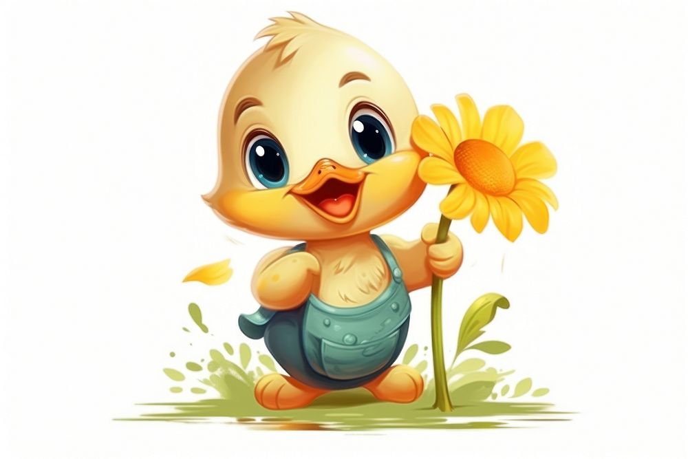 Duck character hold sunflower cartoon plant cute.