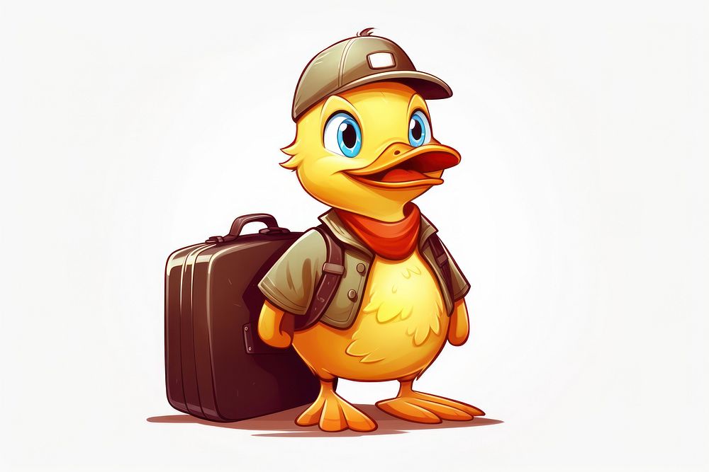 Duck character hold suitcase cartoon luggage animal.