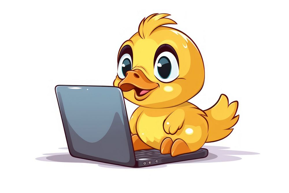 Duck character laptop concept cartoon computer animal.