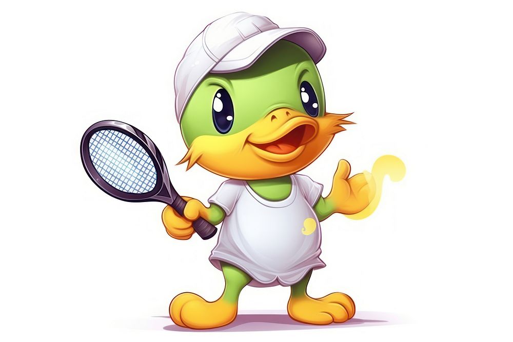 Duck character tennis concept cartoon representation outdoors.