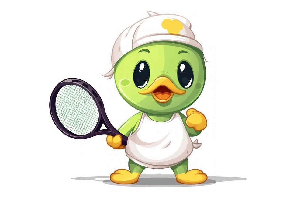 Duck character tennis concept cartoon racket ball.