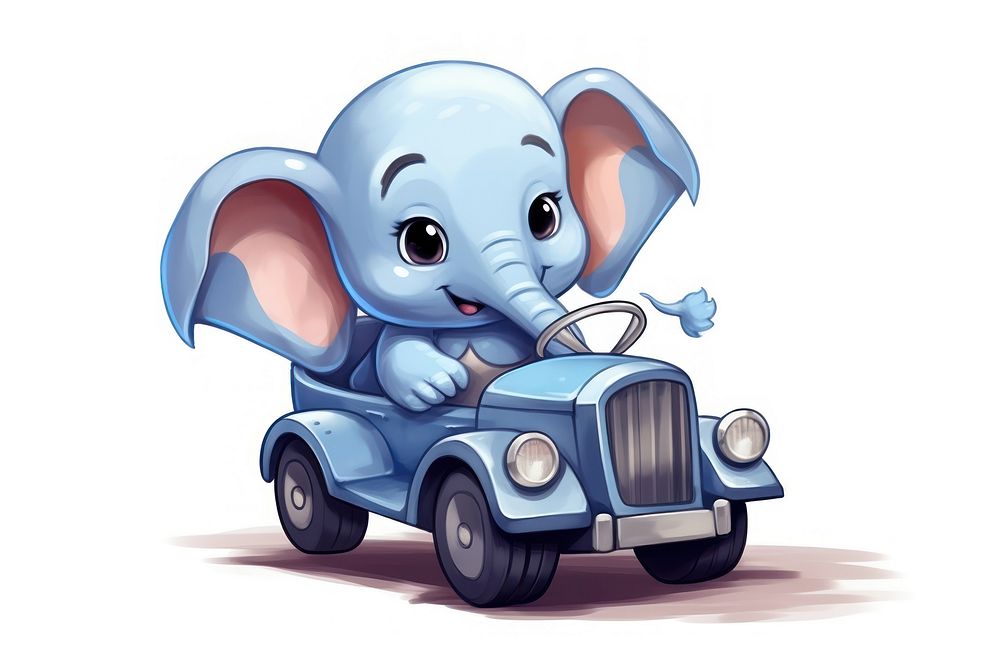 Elephant character riding car cartoon vehicle wheel.