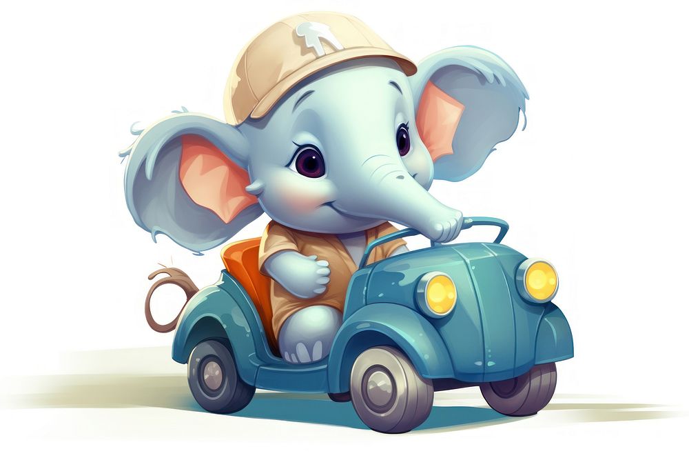 Elephant character riding car vehicle cartoon wheel.