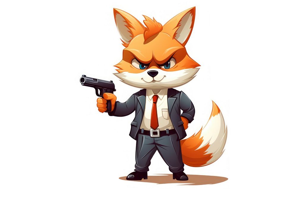 Fox character hold gun cartoon white background representation.
