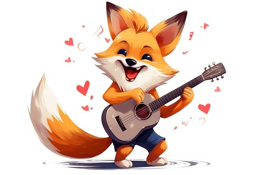 Fox character play guitar cartoon performance creativity.