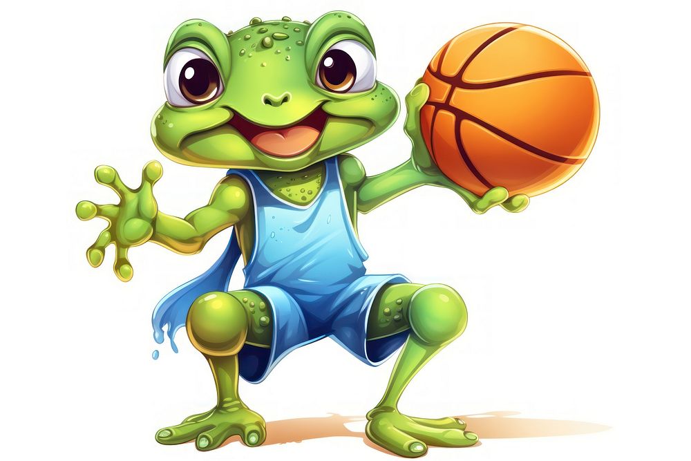 Frog character play basketball amphibian cartoon sports.