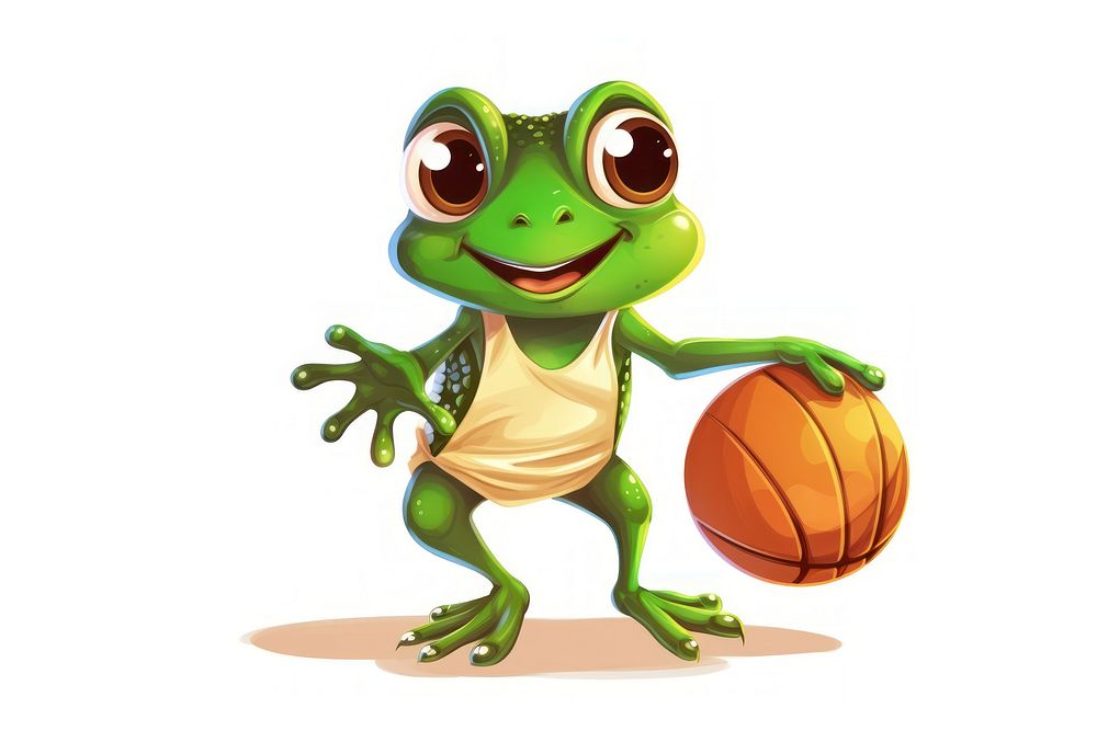 Frog character play basketball amphibian cartoon animal.