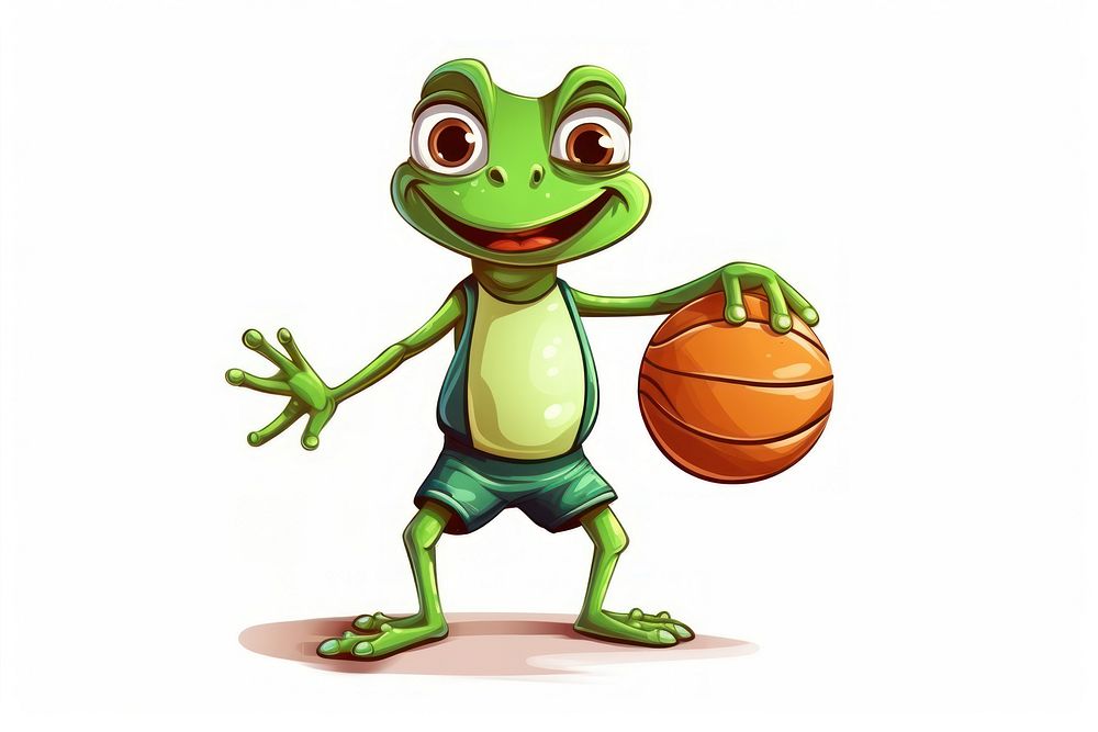 Frog character play basketball cartoon amphibian sports.