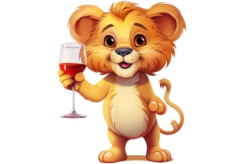Lion character wine glass cartoon mammal animal.