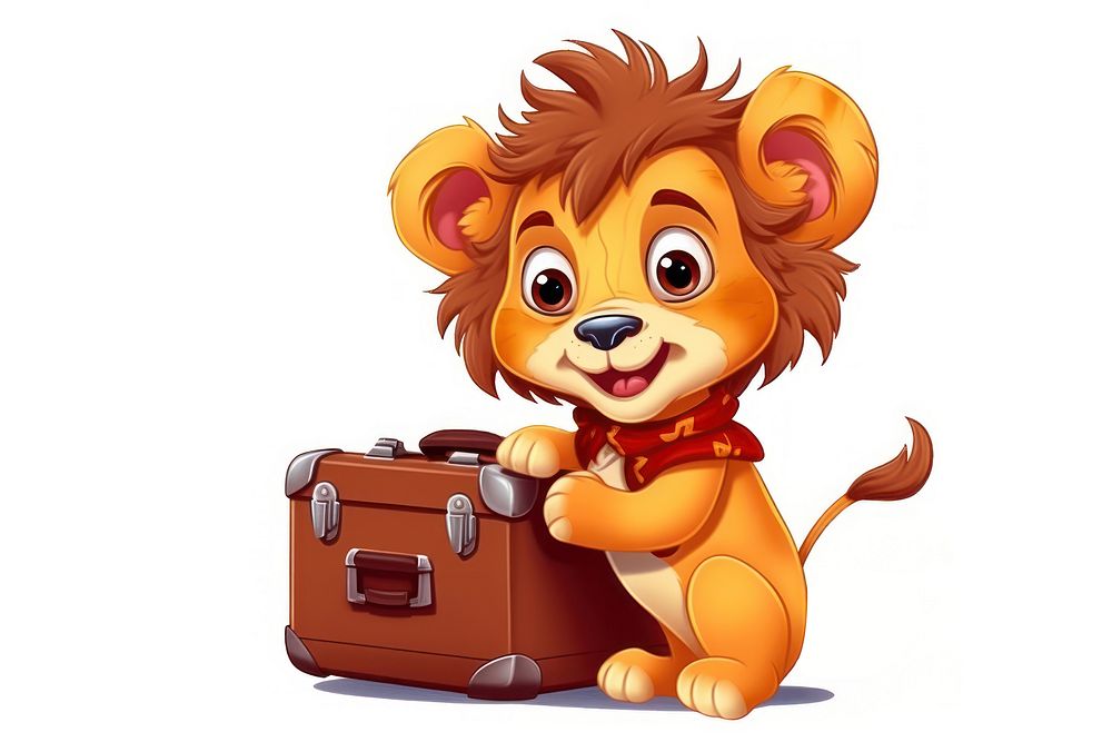 Lion character hold suitcase luggage cartoon cute.