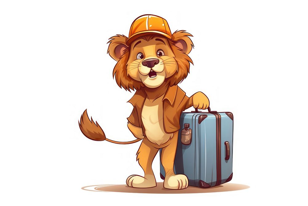 Lion character hold suitcase luggage cartoon representation.