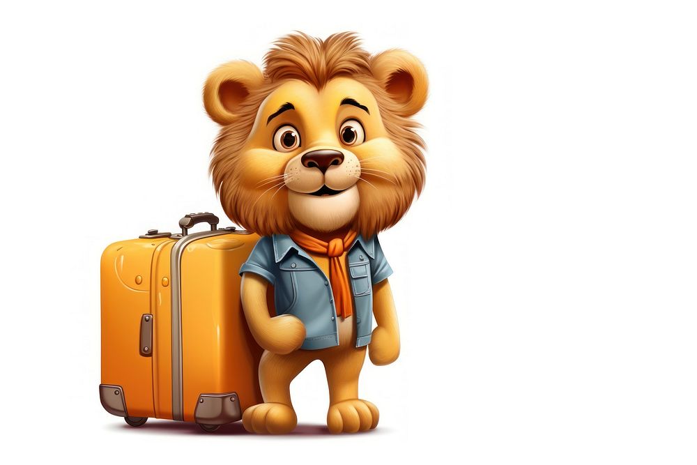 Lion character hold suitcase luggage cartoon representation.