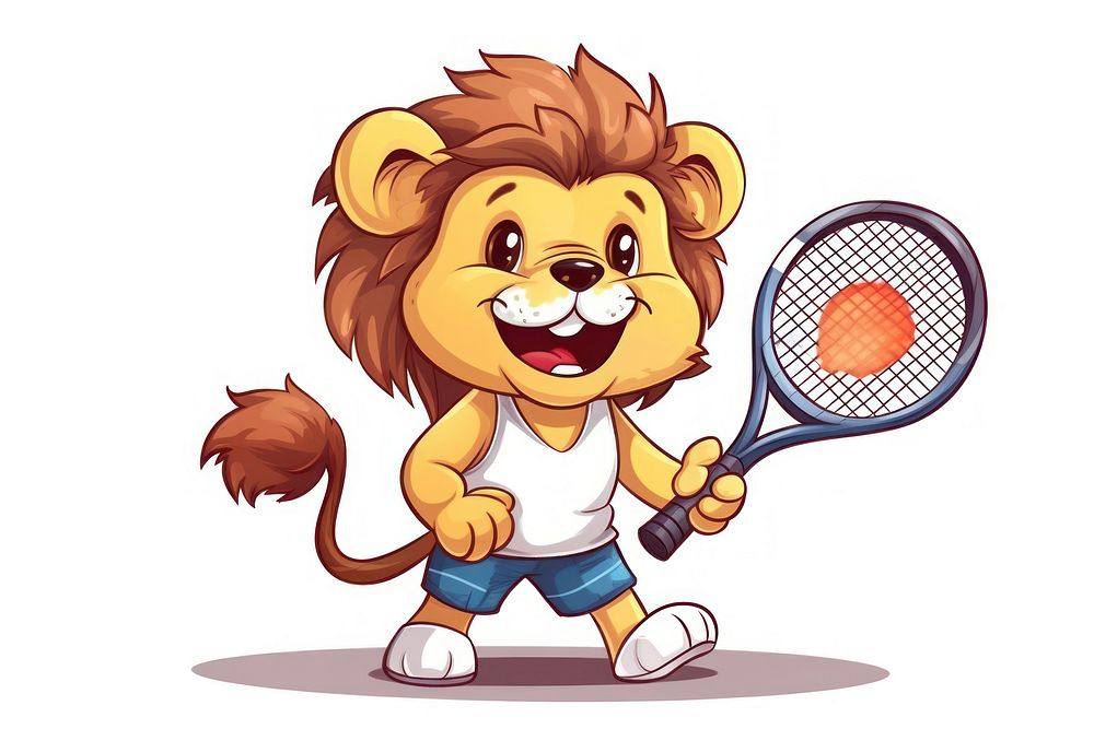 Lion character tennis concept cartoon sports racket.