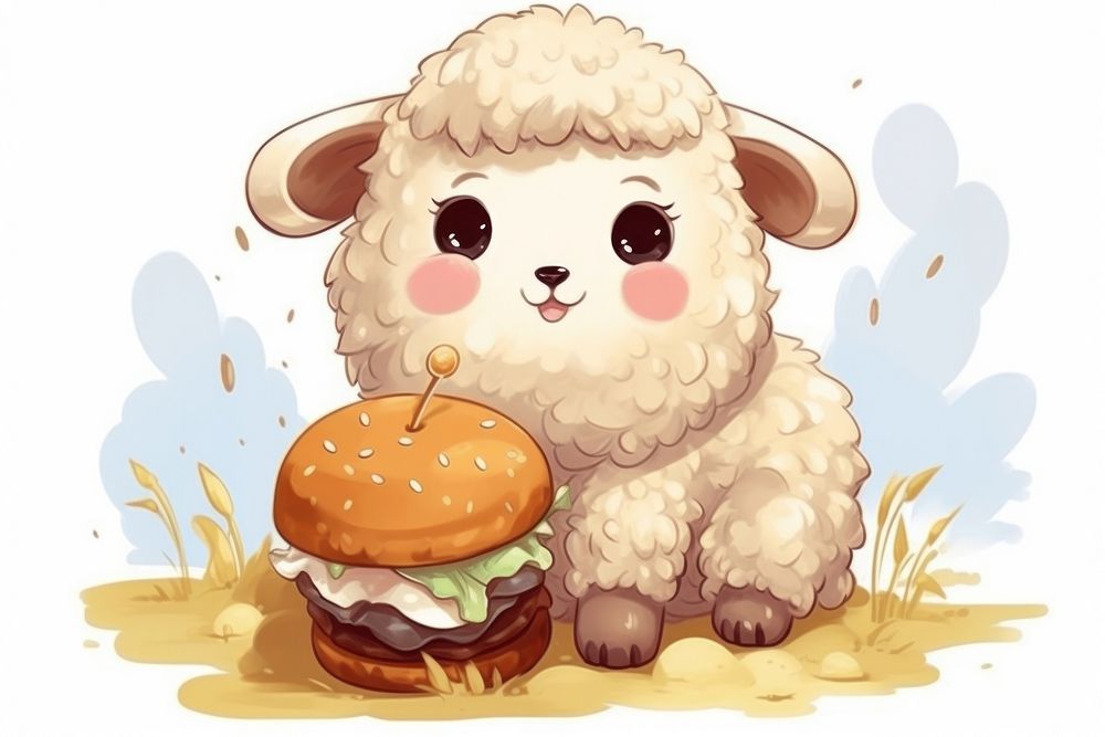 Sheep character eat burger animal cartoon mammal.