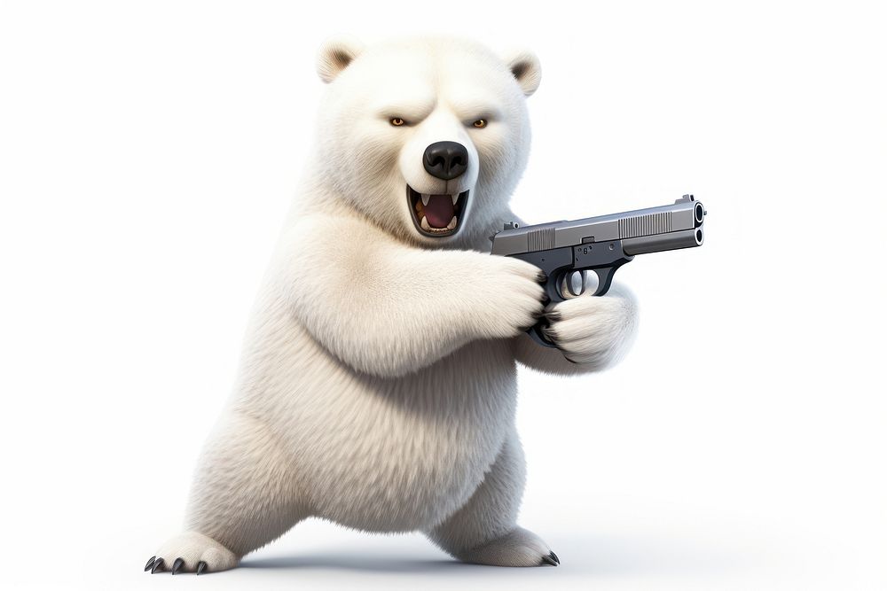 Polar bear character hold gun handgun cartoon mammal.
