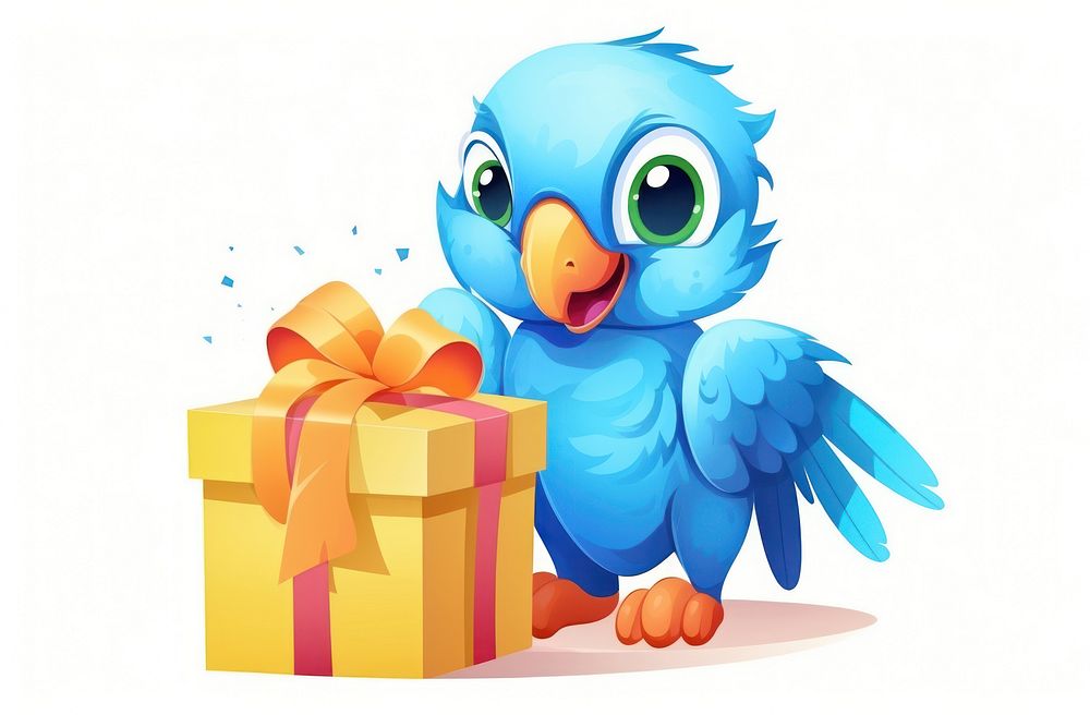 Parrot character hold gift box animal cartoon celebration.