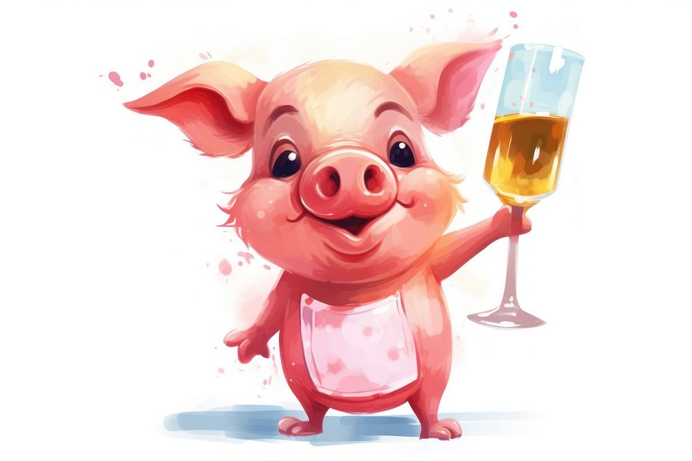 Pig character hold champagne cartoon mammal animal.