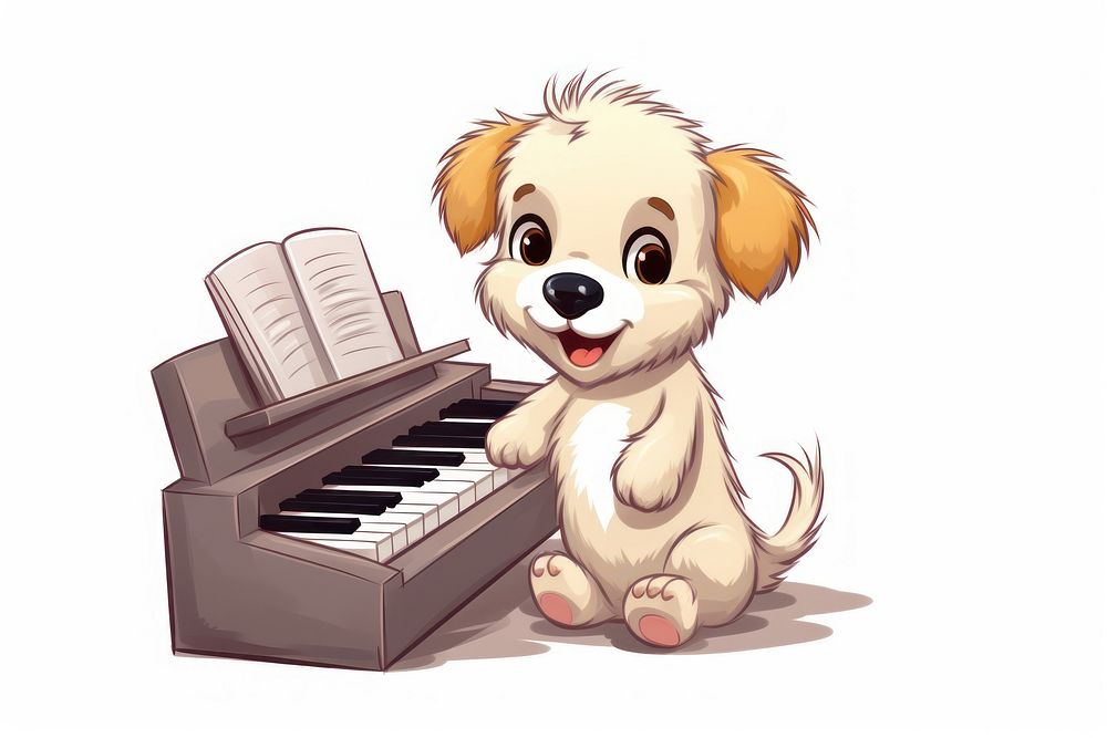 Puppy character play piano keyboard cartoon mammal.