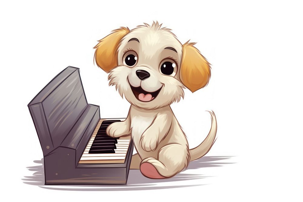 Puppy character play piano animal keyboard cartoon.