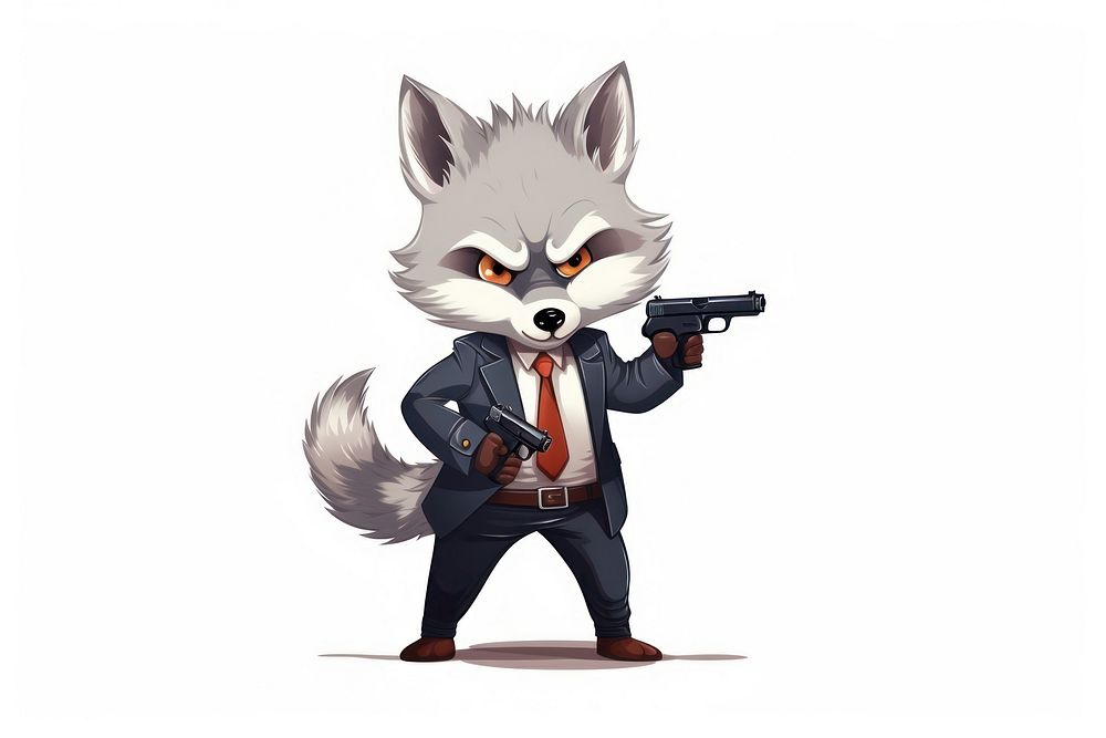 Wolf character hold gun cartoon white background publication.