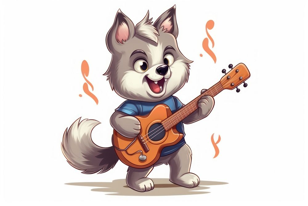 Wolf character play guitar cartoon cute performance.